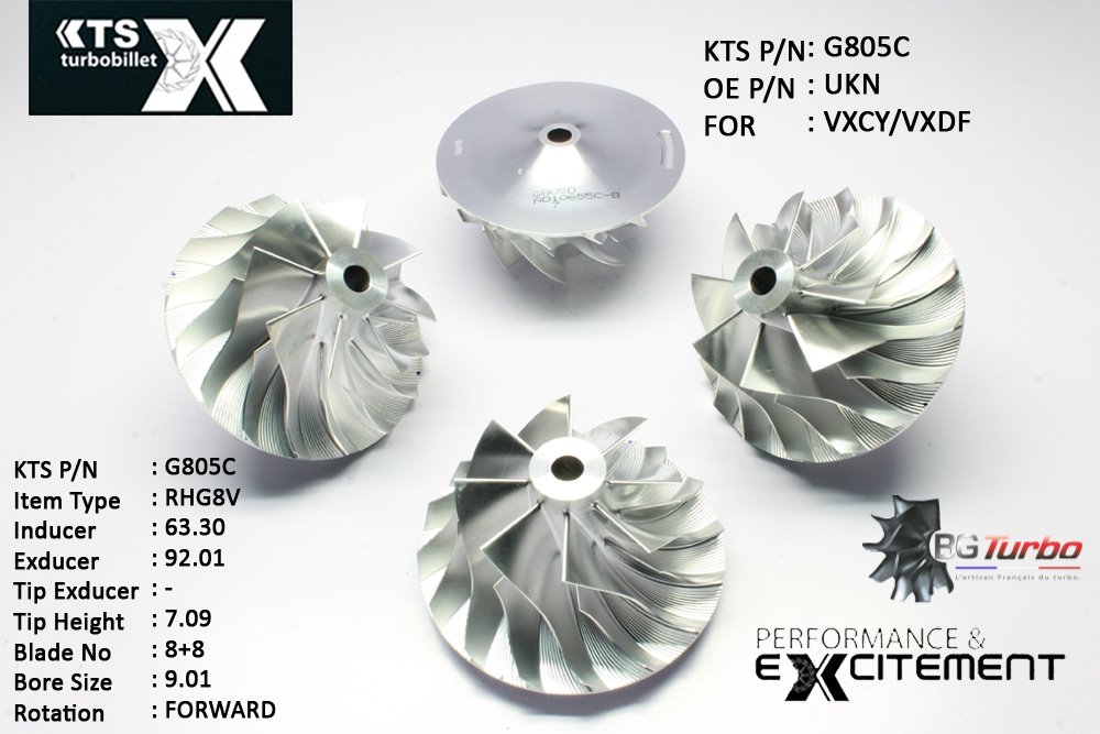Turbo ROUE FORGÉE MFS PERFORMANCE - 8+8 PALES - INDUCER : 63,3 - EXDUCER : 92,01 - TYPE : RHG8VANGLE : 50° - ROTATION : Forward - SUPER BACK : 7,45 - BORE SIZE : 9,01
